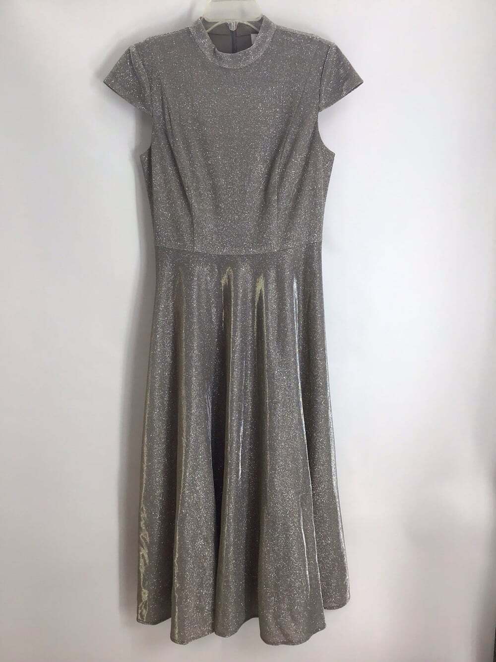 IEENA for Mac Duggal Metallic Cap Sleeve Midi Dress Cocktail Party Silver Size 8